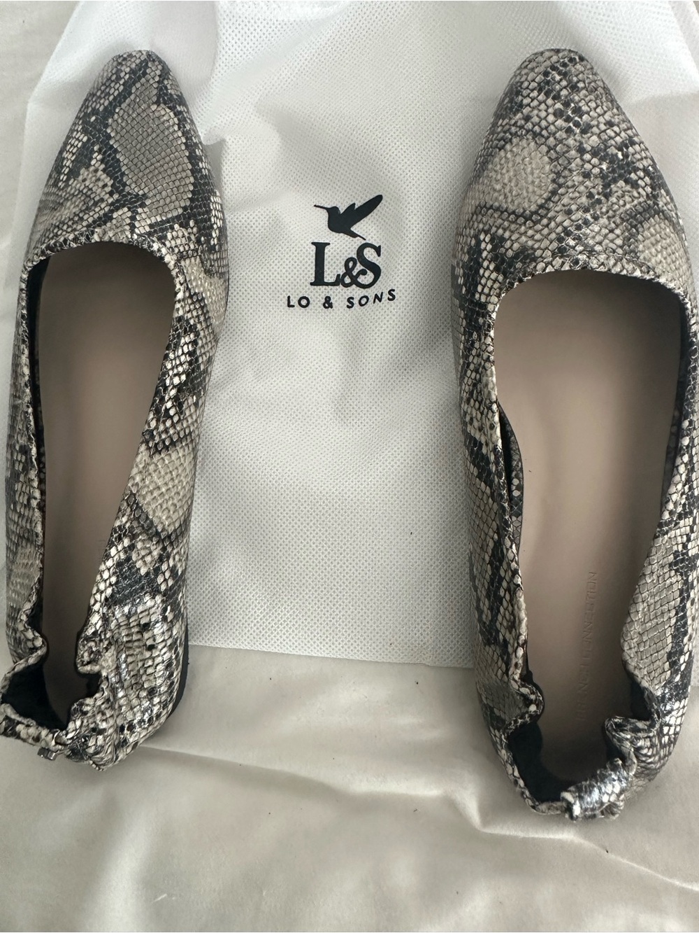 Lo & Sons Women's Snakeskin-Print Pointed Ballet Flats - size 11, fits 10.5.